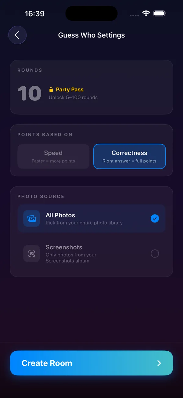Guess Who settings: rounds, scoring options, and photo source set to All Photos or Screenshots only